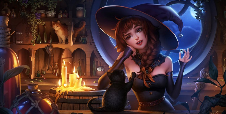 ведьмочка в своей магической комнате с котами